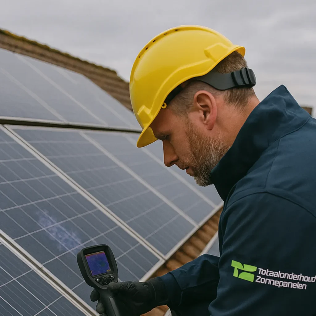 Inspectie van stormschade aan zonnepanelen door een gecertificeerde monteur.