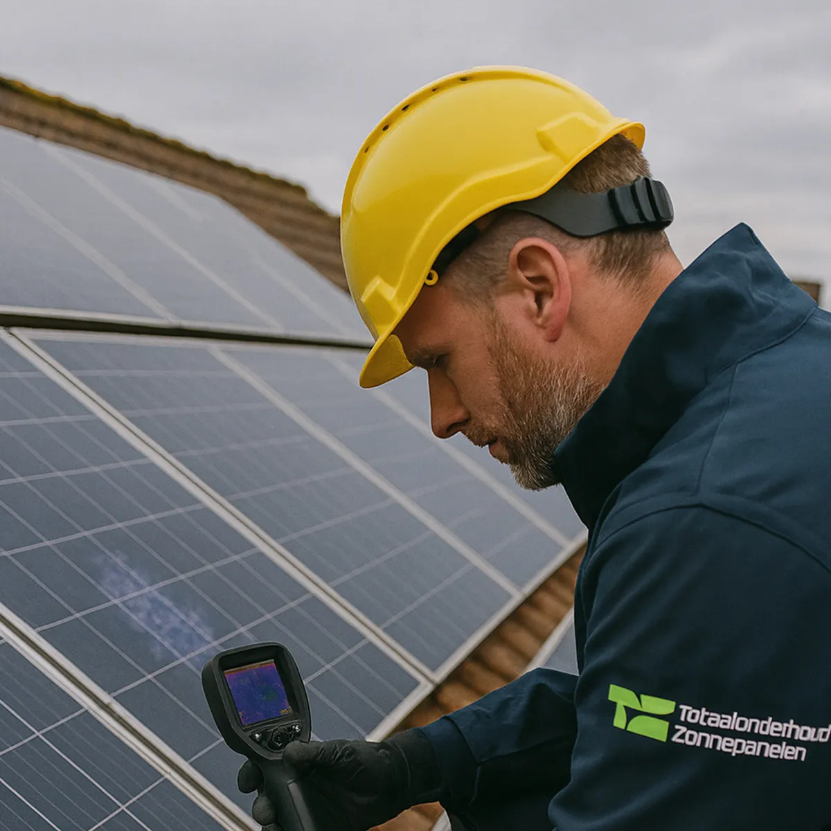 Inspectie van stormschade aan zonnepanelen door een gecertificeerde monteur.